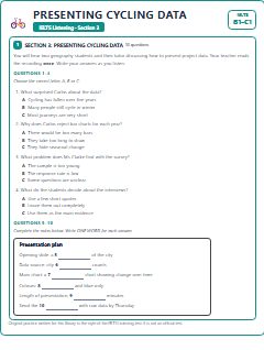 First page of IELTS Listening Section 3: Presenting Cycling Data, B1 exam practice