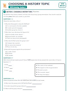 First page of IELTS Listening Section 3: Choosing a History Topic, B1 exam practice