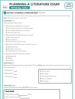 First page of IELTS Listening Section 3: Planning a Literature Essay, B1 exam practice