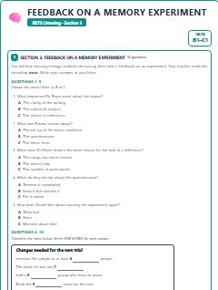 First page of IELTS Listening Section 3: Feedback on a Memory Experiment, B1 exam practice