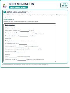 First page of IELTS Listening Section 4: Bird Migration, B1 exam practice