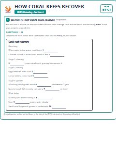 First page of IELTS Listening Section 4: How Coral Reefs Recover, B1 exam practice
