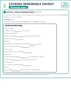First page of IELTS Listening Section 4: Storing Renewable Energy, B1 exam practice