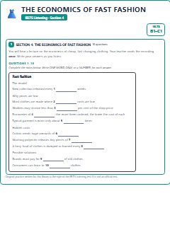 First page of IELTS Listening Section 4: The Economics of Fast Fashion, B1 exam practice