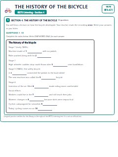 First page of IELTS Listening Section 4: The History of the Bicycle, B1 exam practice
