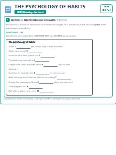 First page of IELTS Listening Section 4: The Psychology of Habits, B1 exam practice