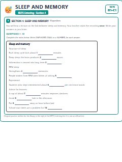 First page of IELTS Listening Section 4: Sleep and Memory, B1 exam practice
