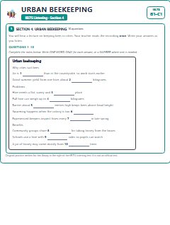 First page of IELTS Listening Section 4: Urban Beekeeping, B1 exam practice