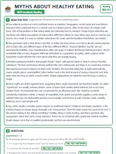 First page of Myths About Healthy Eating, B2 exam practice