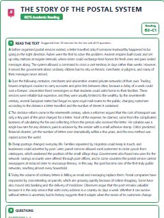 First page of The Story of the Postal System, B2 exam practice