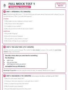 First page of Speaking Mock Test 2: Studies, Shopping and A Time You Were Late, B2 exam practice