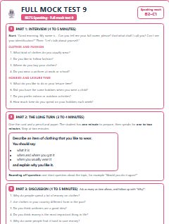 First page of Speaking Mock Test 9: Clothes and Fashion, Hobbies and Leisure Time and An Item of Clothing You Like, B2 exam practice