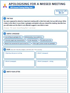 First page of Semi-Formal Letter: Apologising for a Missed Meeting, B2 exam practice