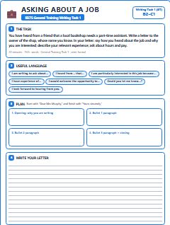 First page of Semi-Formal Letter: Asking about a Job, B2 exam practice