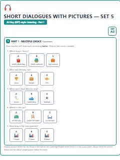 First page of KET Listening Part 1: Short Dialogues with Pictures (Set 5), A2 exam practice