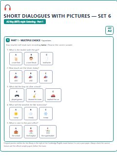 First page of KET Listening Part 1: Short Dialogues with Pictures (Set 6), A2 exam practice
