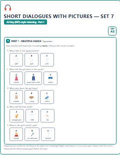 First page of KET Listening Part 1: Short Dialogues with Pictures (Set 7), A2 exam practice