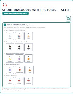First page of KET Listening Part 1: Short Dialogues with Pictures (Set 8), A2 exam practice