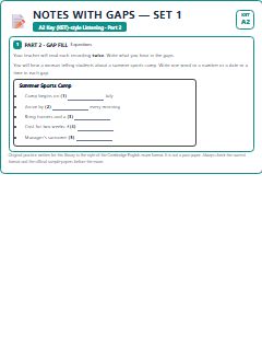 First page of KET Listening Part 2: Notes with Gaps (Set 1), A2 exam practice