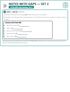 First page of KET Listening Part 2: Notes with Gaps (Set 2), A2 exam practice