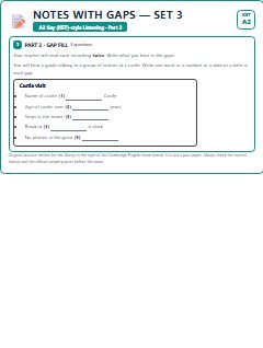 First page of KET Listening Part 2: Notes with Gaps (Set 3), A2 exam practice