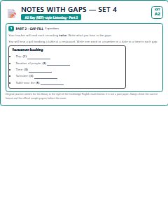 First page of KET Listening Part 2: Notes with Gaps (Set 4), A2 exam practice