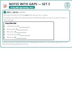 First page of KET Listening Part 2: Notes with Gaps (Set 5), A2 exam practice