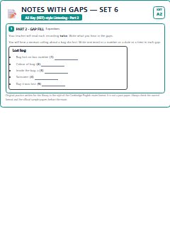 First page of KET Listening Part 2: Notes with Gaps (Set 6), A2 exam practice