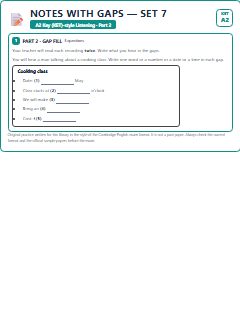 First page of KET Listening Part 2: Notes with Gaps (Set 7), A2 exam practice