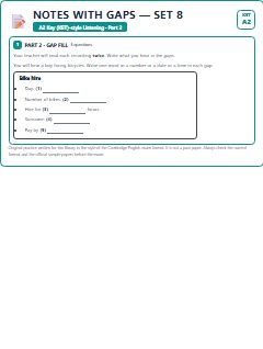 First page of KET Listening Part 2: Notes with Gaps (Set 8), A2 exam practice
