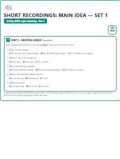 First page of KET Listening Part 4: Short Recordings: Main Idea (Set 1), A2 exam practice
