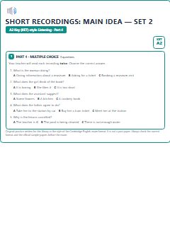 First page of KET Listening Part 4: Short Recordings: Main Idea (Set 2), A2 exam practice