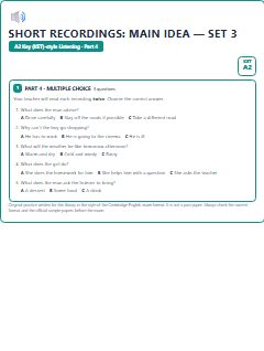 First page of KET Listening Part 4: Short Recordings: Main Idea (Set 3), A2 exam practice