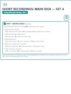 First page of KET Listening Part 4: Short Recordings: Main Idea (Set 4), A2 exam practice