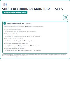 First page of KET Listening Part 4: Short Recordings: Main Idea (Set 5), A2 exam practice