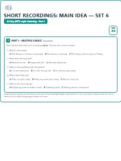 First page of KET Listening Part 4: Short Recordings: Main Idea (Set 6), A2 exam practice