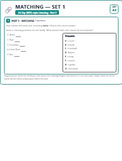 First page of KET Listening Part 5: Matching (Set 1), A2 exam practice