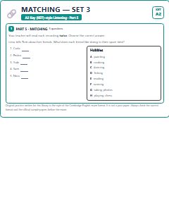 First page of KET Listening Part 5: Matching (Set 3), A2 exam practice