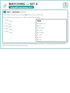 First page of KET Listening Part 5: Matching (Set 4), A2 exam practice