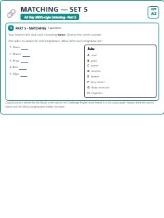 First page of KET Listening Part 5: Matching (Set 5), A2 exam practice