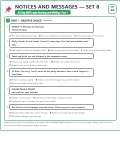 First page of KET Reading and Writing Part 1: Notices and Messages (Set 8), A2 exam practice