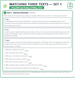 First page of KET Reading and Writing Part 2: Matching Three Texts (Set 1), A2 exam practice