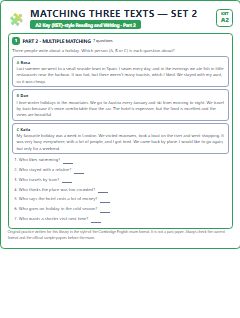 First page of KET Reading and Writing Part 2: Matching Three Texts (Set 2), A2 exam practice