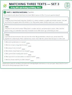 First page of KET Reading and Writing Part 2: Matching Three Texts (Set 3), A2 exam practice