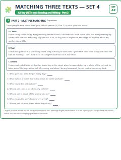 First page of KET Reading and Writing Part 2: Matching Three Texts (Set 4), A2 exam practice