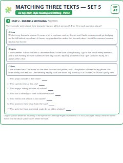First page of KET Reading and Writing Part 2: Matching Three Texts (Set 5), A2 exam practice
