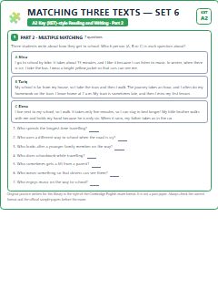 First page of KET Reading and Writing Part 2: Matching Three Texts (Set 6), A2 exam practice