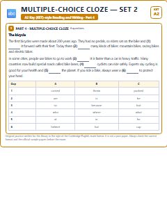 First page of KET Reading and Writing Part 4: Multiple-choice Cloze (Set 2), A2 exam practice
