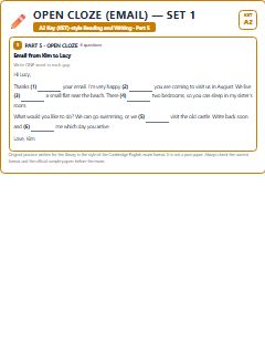 First page of KET Reading and Writing Part 5: Open Cloze (Email) (Set 1), A2 exam practice