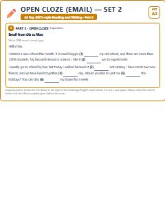 First page of KET Reading and Writing Part 5: Open Cloze (Email) (Set 2), A2 exam practice